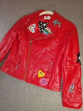Kids Red Out Of This World Patched Vegan Leather Moto Jacket Size 12 Girls